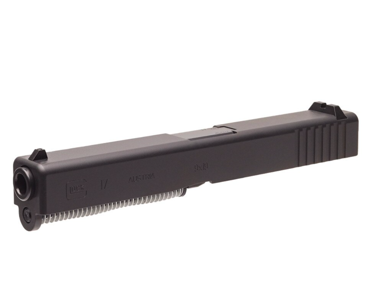 Close-up of Glock 17 Gen 3 OEM slide rear serrations showing classic Gen 3 profile