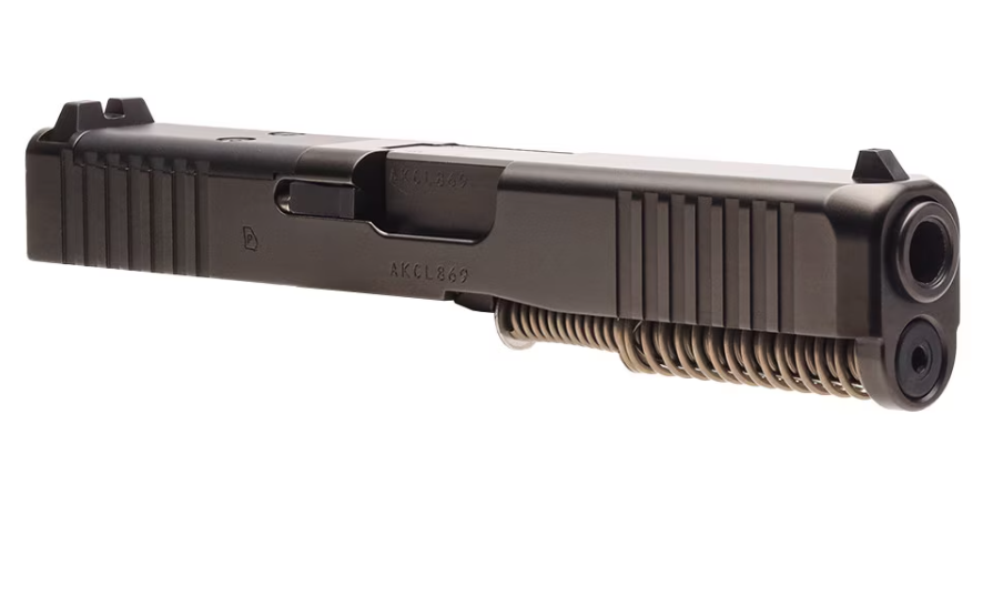 Close-up of Glock 19 Gen 5 MOS slide front serrations and factory optics cut with nDLC finish