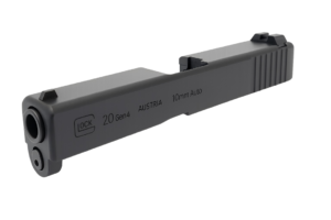 Glock 20 Gen 4 OEM slide seated in black foam inside brown cardboard shipping box on wooden workbench