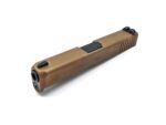 Exploded view of Glock 19X OEM slide showing Coyote Tan shell, marksman barrel, recoil spring, and internal parts