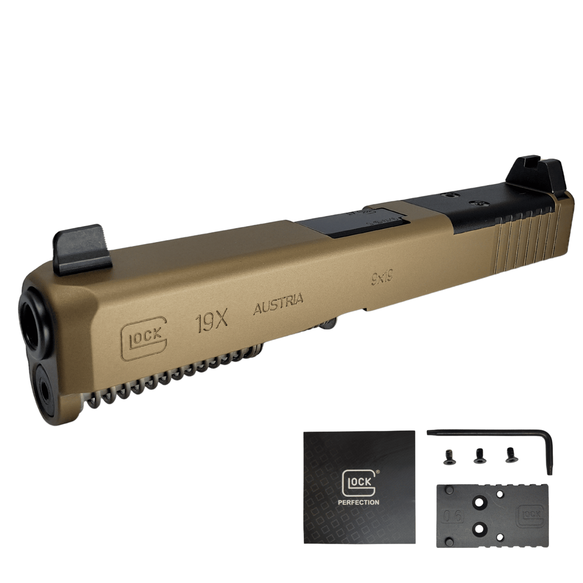 Exploded view of Glock 19X MOS OEM slide showing slide shell, MOS plates, Marksman barrel, recoil spring, and suppressor-height sights