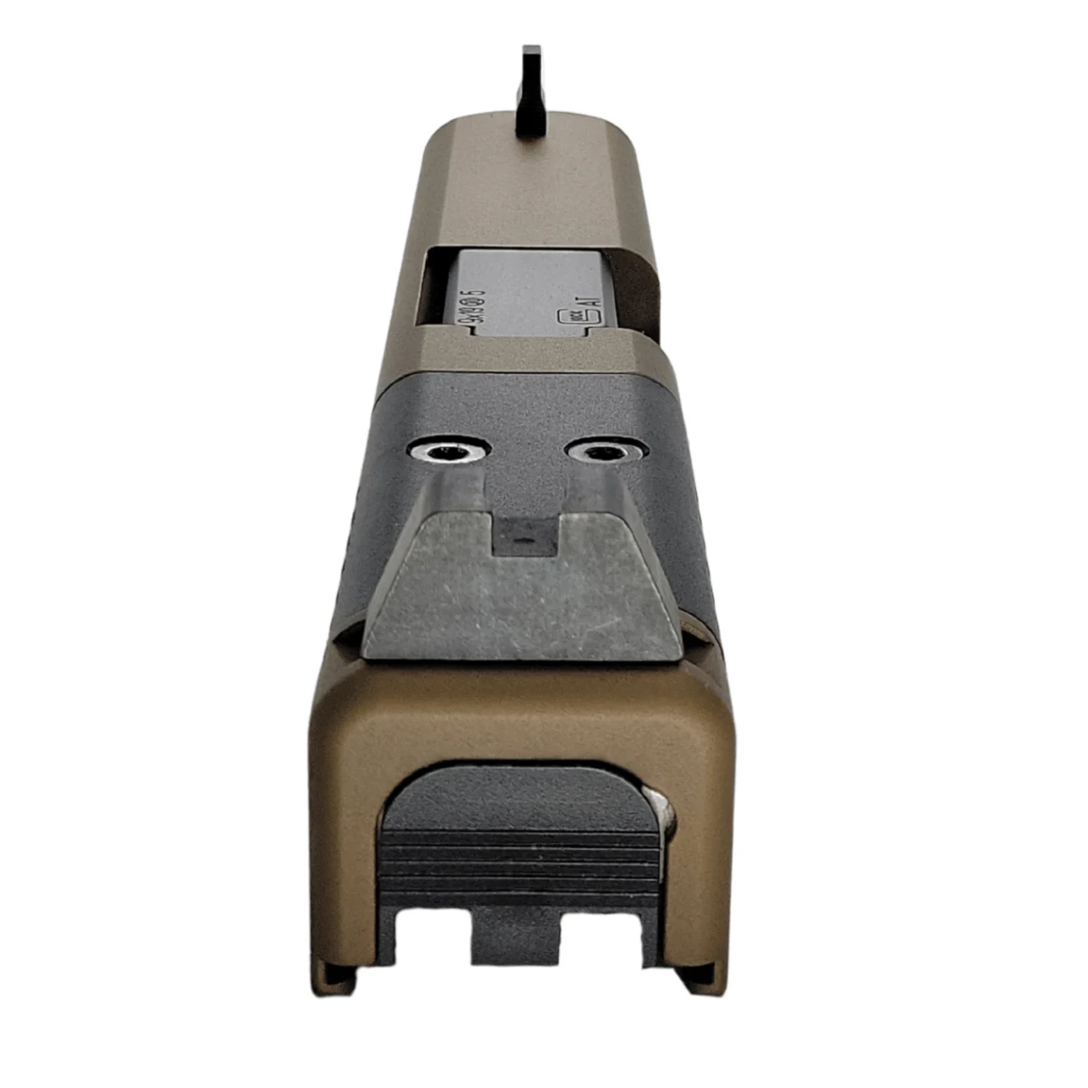 Close-up of Glock 19X MOS slide front serrations and factory optics cut with RMSc footprint