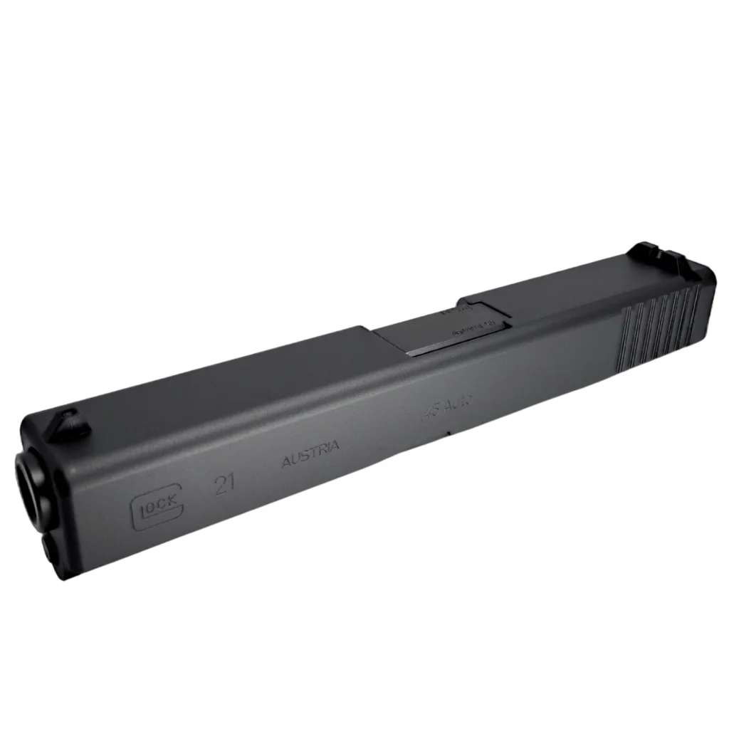 Close-up of Glock 21 Gen 3 OEM slide rear serrations showing wider .45 caliber profile