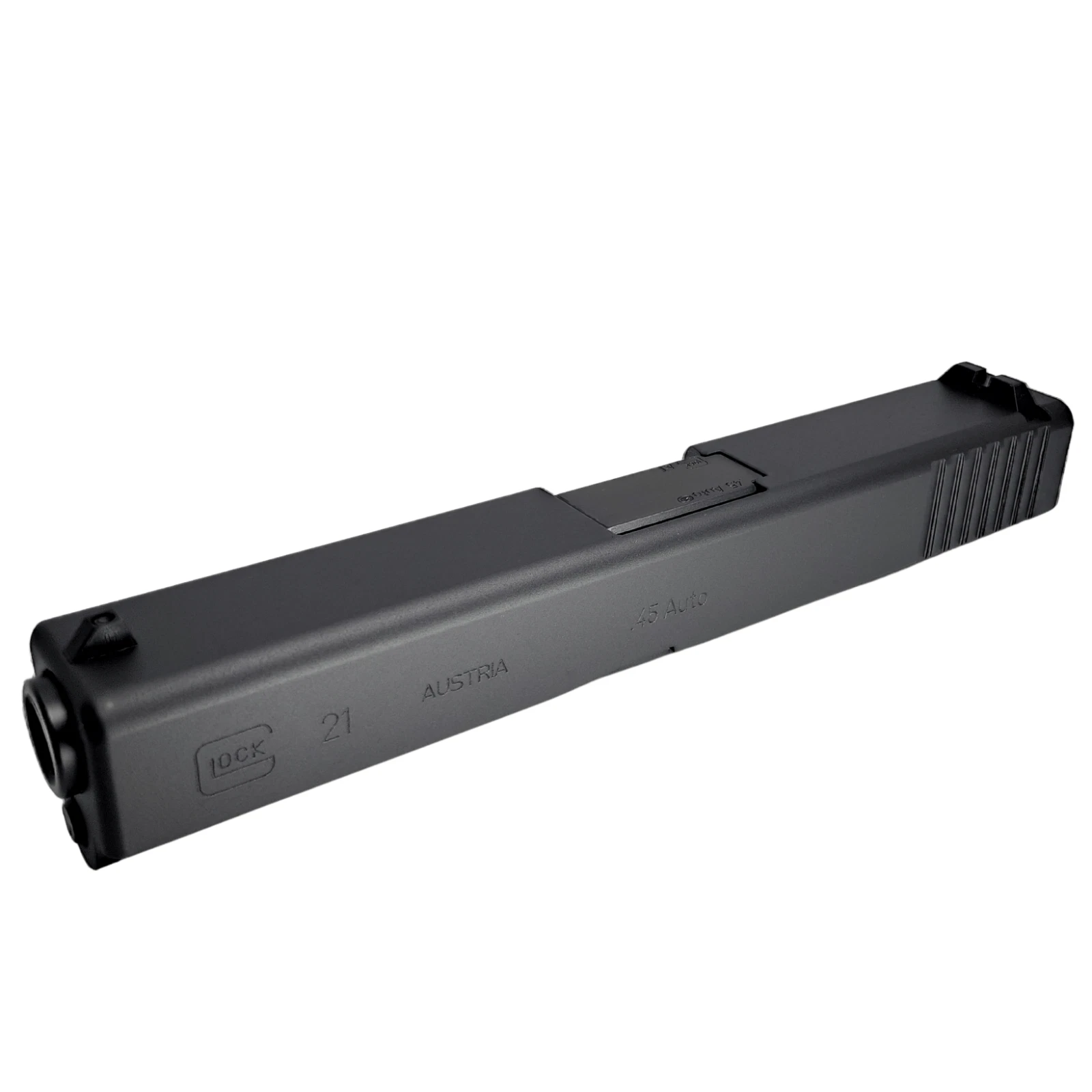 Stripped Glock 21 Gen 3 OEM slide with Tenifer finish on workbench